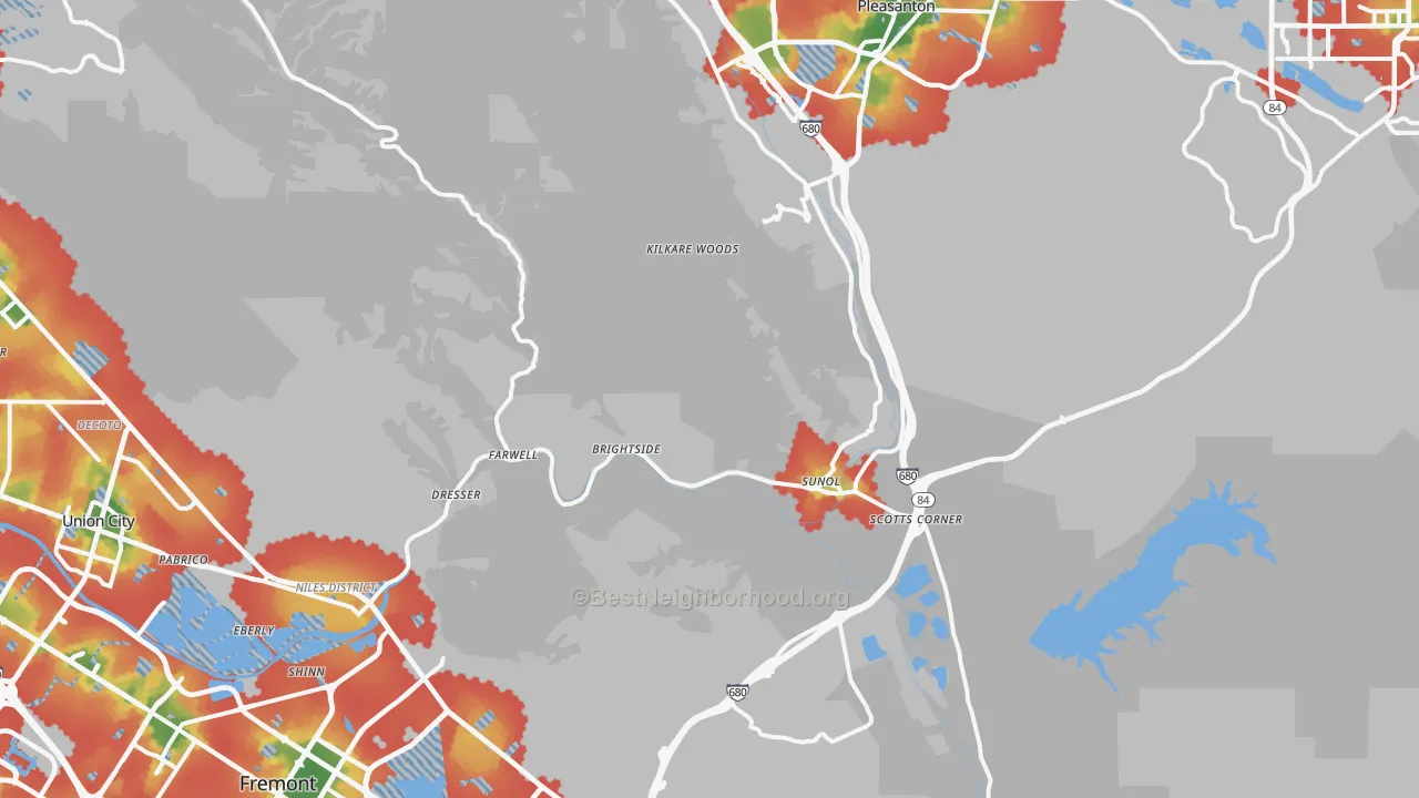 Walk Grade map of Sunol, CA, walkable areas in green and car-dependent areas in red
