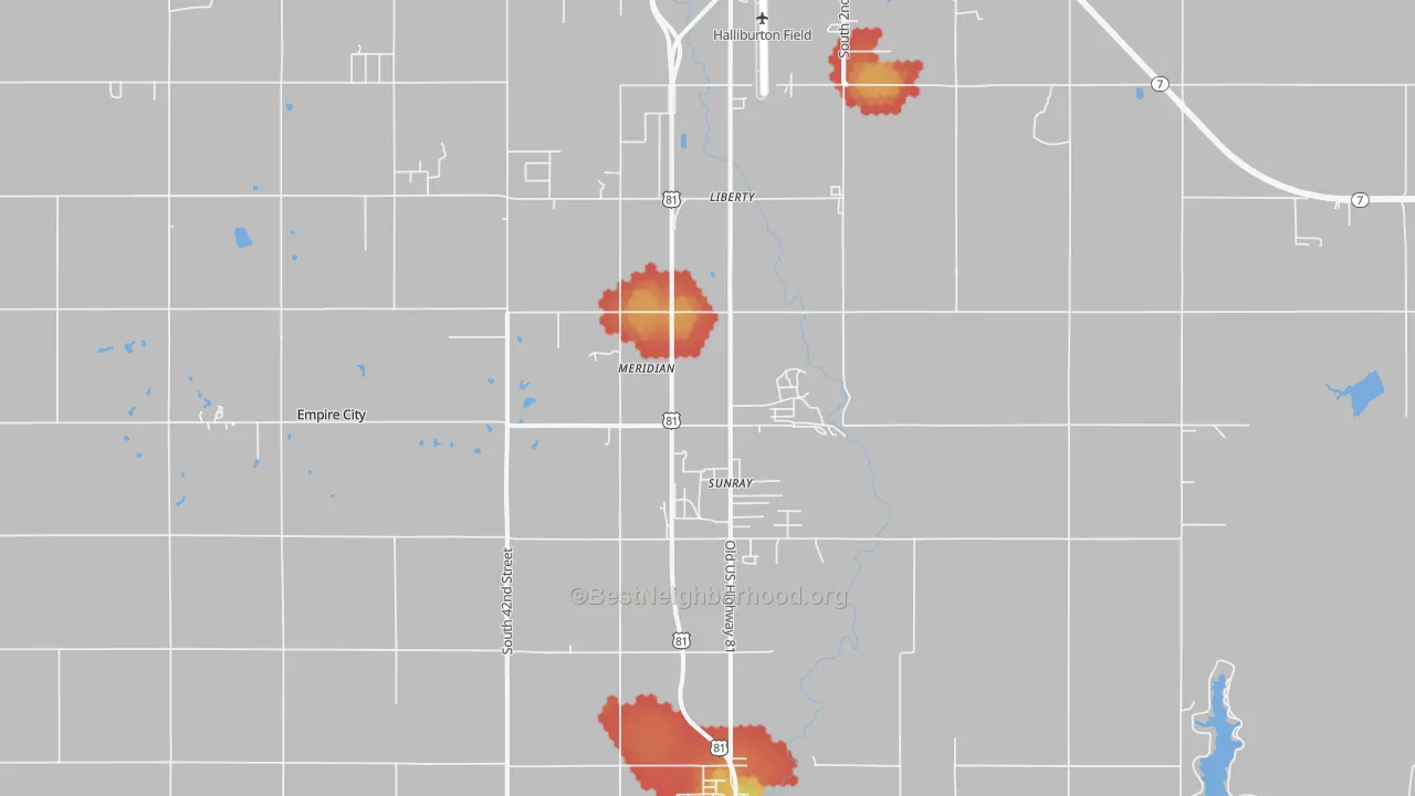 Walk Grade map of Sunray, OK, walkable areas in green and car-dependent areas in red