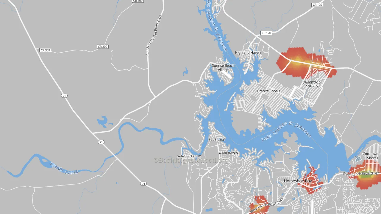 Walk Grade map of Sunrise Beach Village, TX, walkable areas in green and car-dependent areas in red