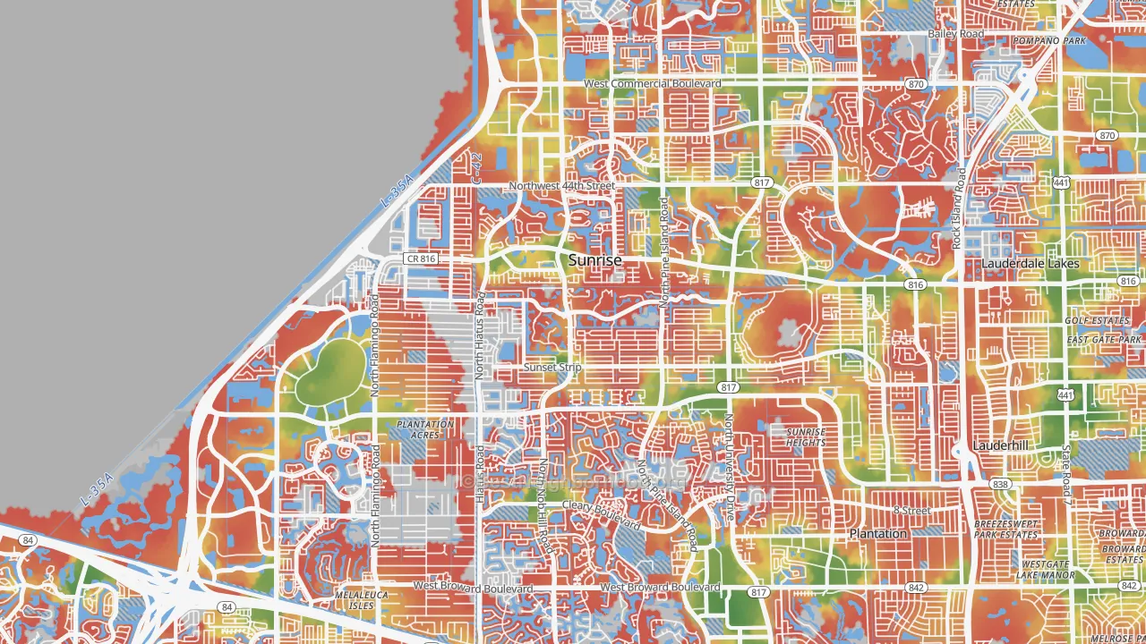 Walk Grade map of Sunrise, FL, walkable areas in green and car-dependent areas in red