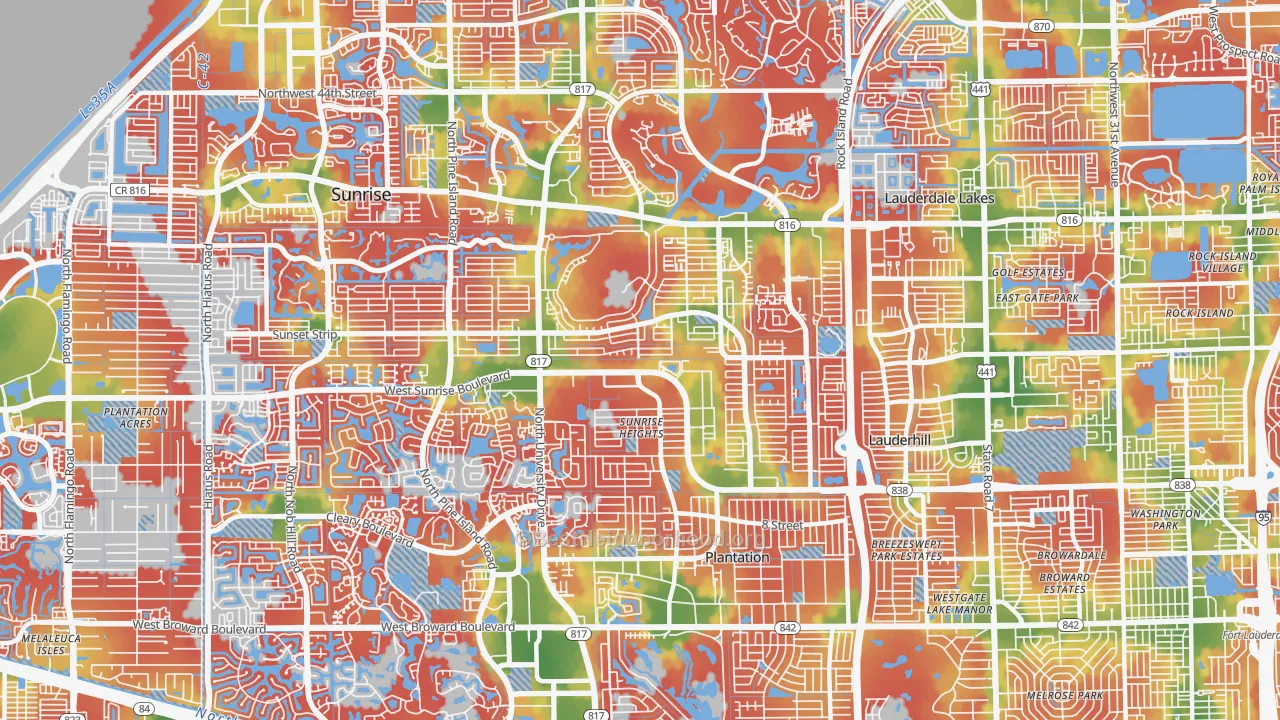 Walk Grade map of Sunrise Golf Village East, Sunrise, FL, walkable areas in green and car-dependent areas in red