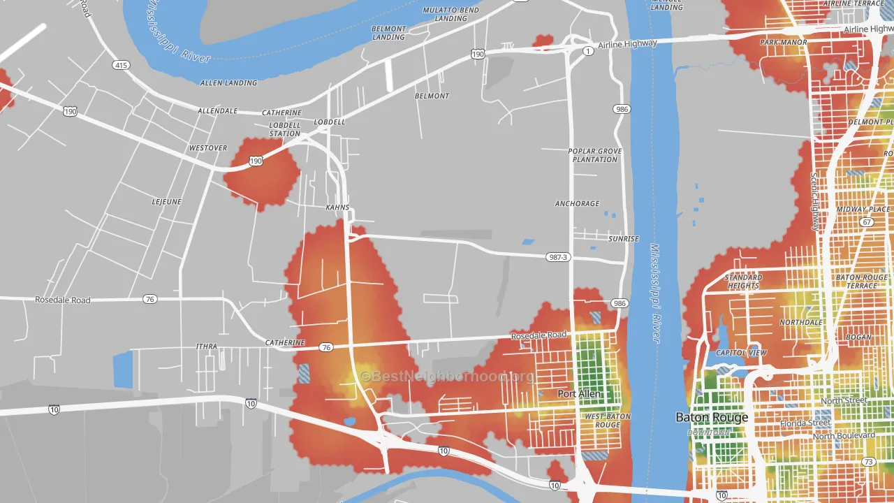 Walk Grade map of Sunrise, LA, walkable areas in green and car-dependent areas in red