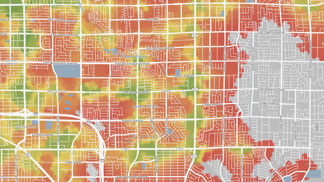 Walk Grade map of Sunrise, Las Vegas, NV, walkable areas in green and car-dependent areas in red