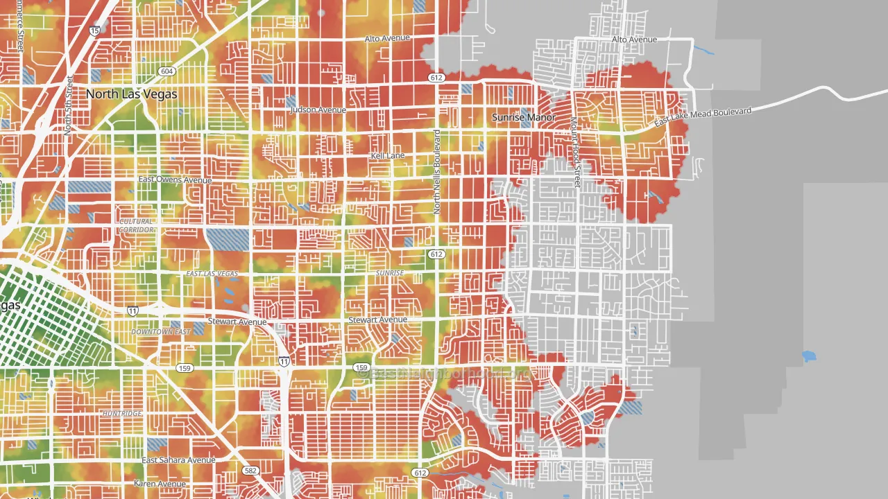 Walk Grade map of Sunrise Manor, NV, walkable areas in green and car-dependent areas in red