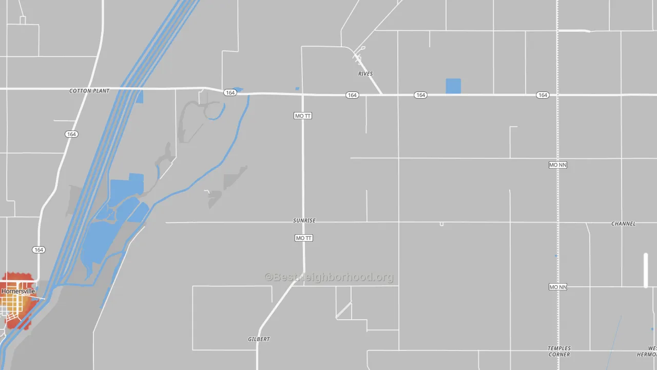 Walk Grade map of Sunrise, MO, walkable areas in green and car-dependent areas in red