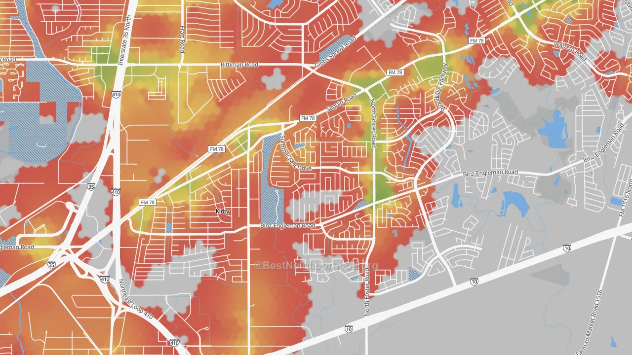 Walk Grade map of Sunrise, San Antonio, TX, walkable areas in green and car-dependent areas in red