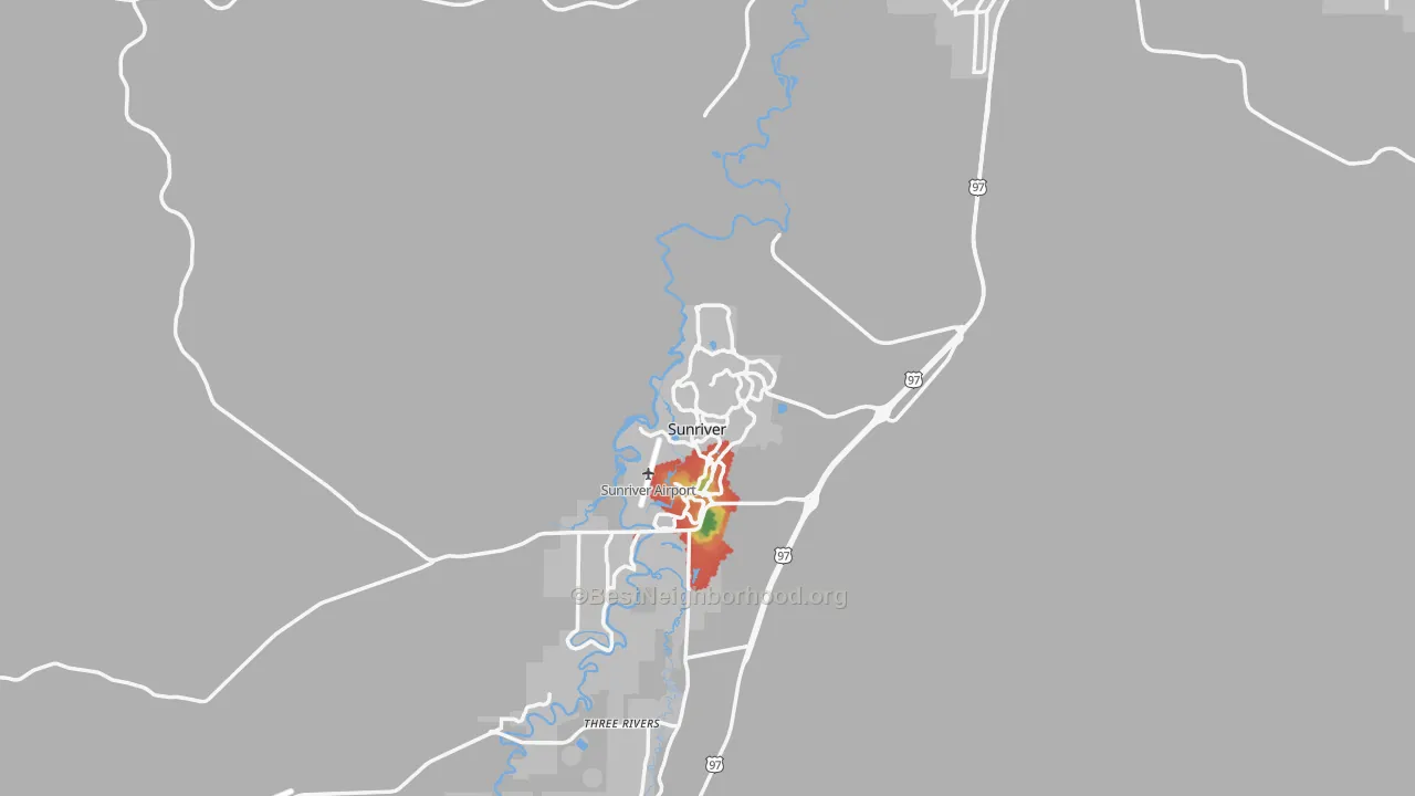 Walk Grade map of Sunriver, OR, walkable areas in green and car-dependent areas in red