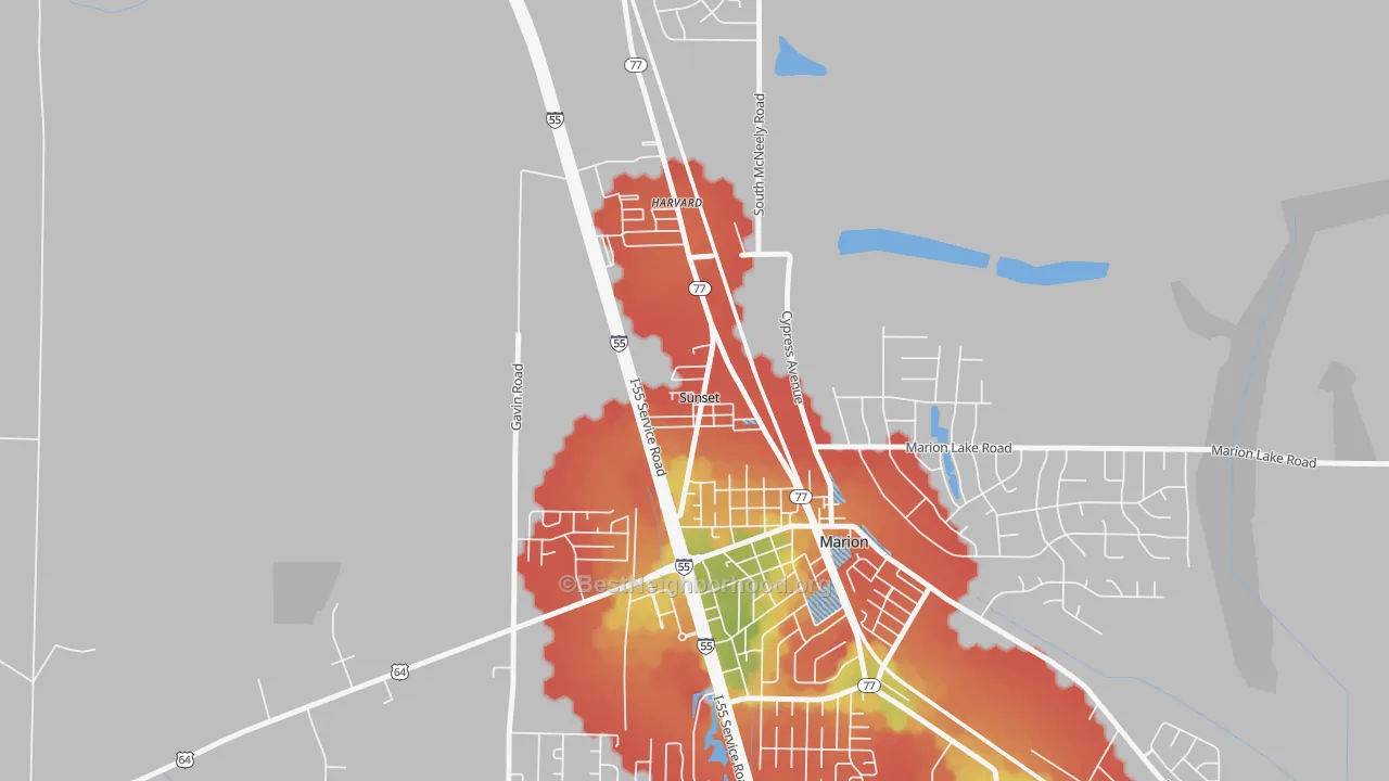 Walk Grade map of Sunset, AR, walkable areas in green and car-dependent areas in red