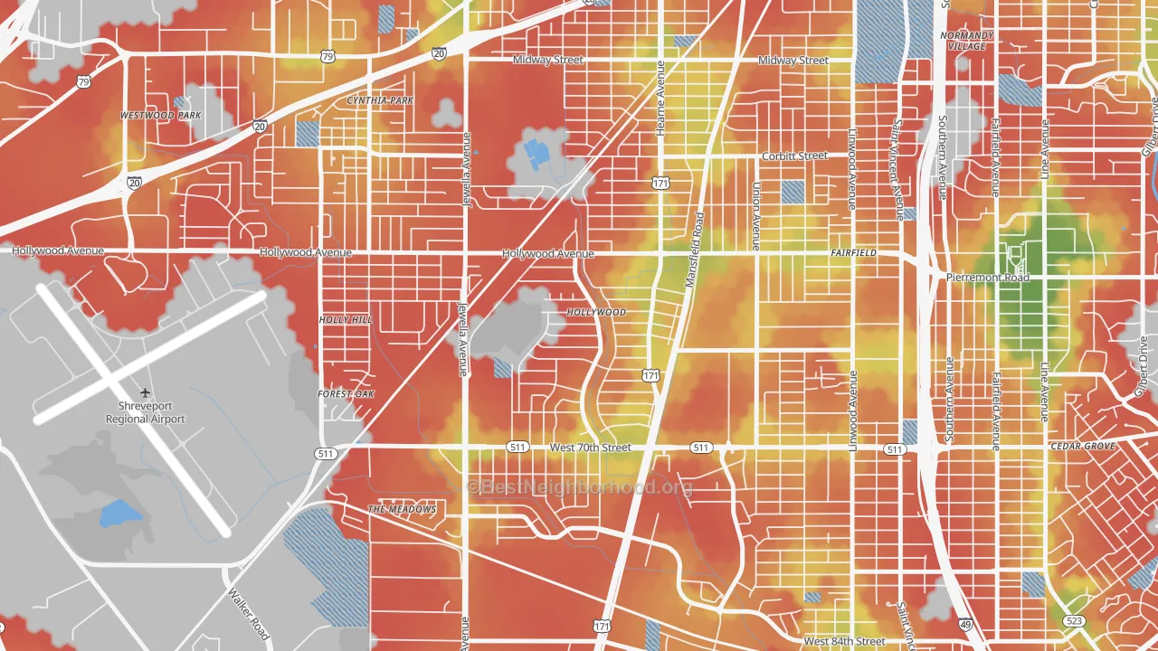 Walk Grade map of Sunset Arcre-Garden Valley-Morningside, Shreveport, LA, walkable areas in green and car-dependent areas in red
