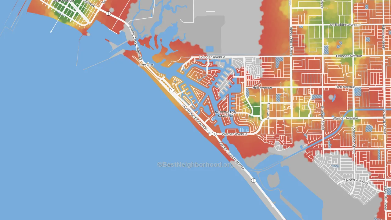 Walk Grade map of Sunset Beach, CA, walkable areas in green and car-dependent areas in red