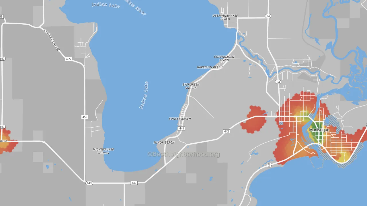 Walk Grade map of Sunset Beach, MI, walkable areas in green and car-dependent areas in red