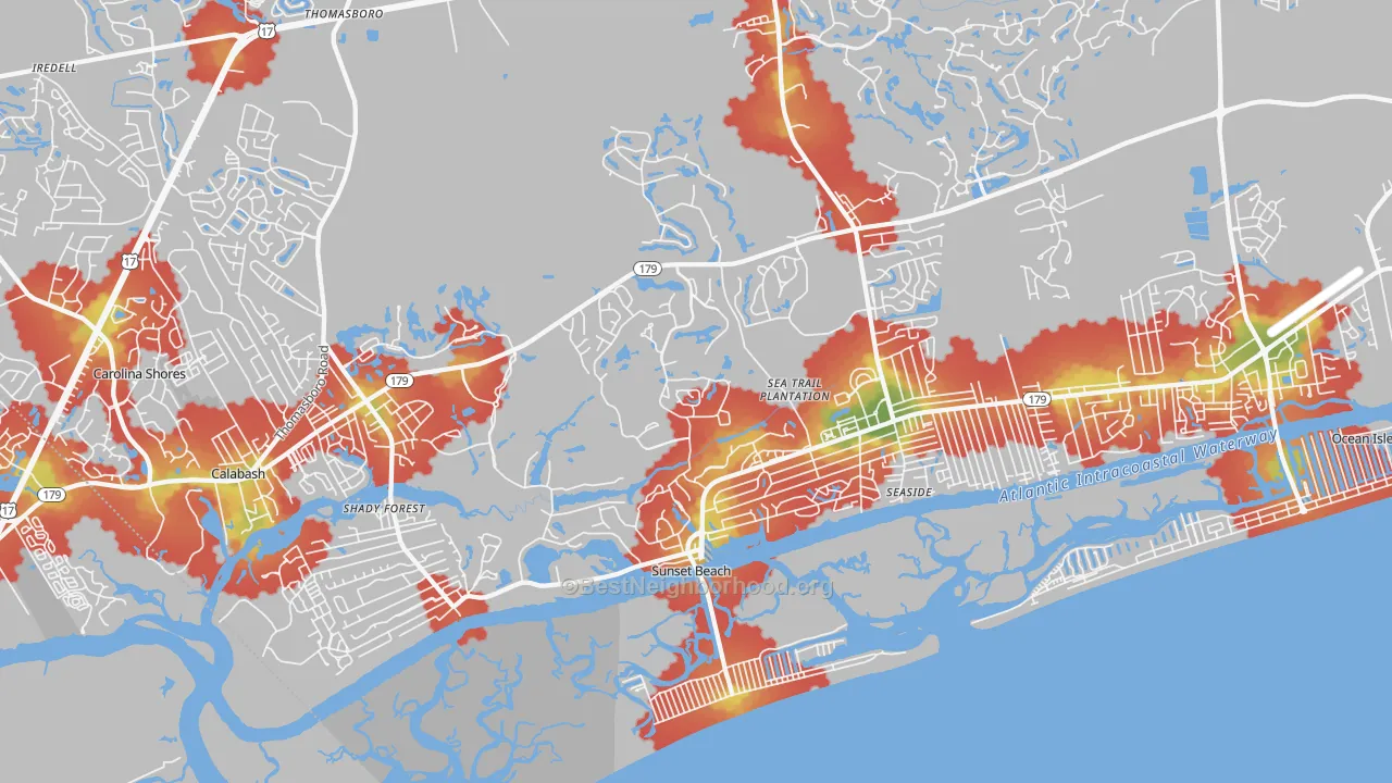 Walk Grade map of Sunset Beach, NC, walkable areas in green and car-dependent areas in red