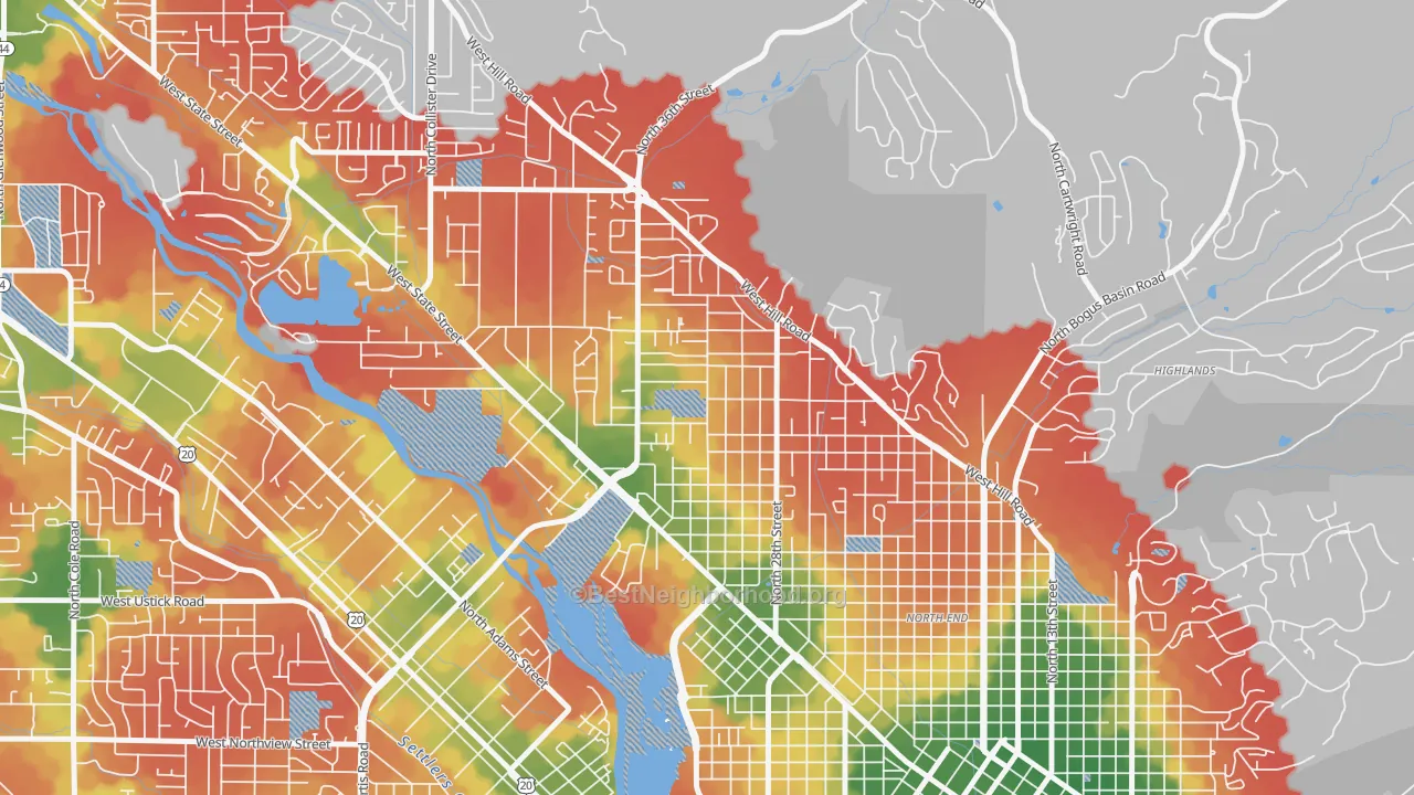 Walk Grade map of Sunset, Boise, ID, walkable areas in green and car-dependent areas in red