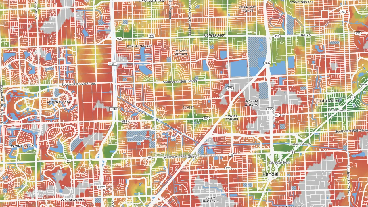 Walk Grade map of Sunset, FL, walkable areas in green and car-dependent areas in red