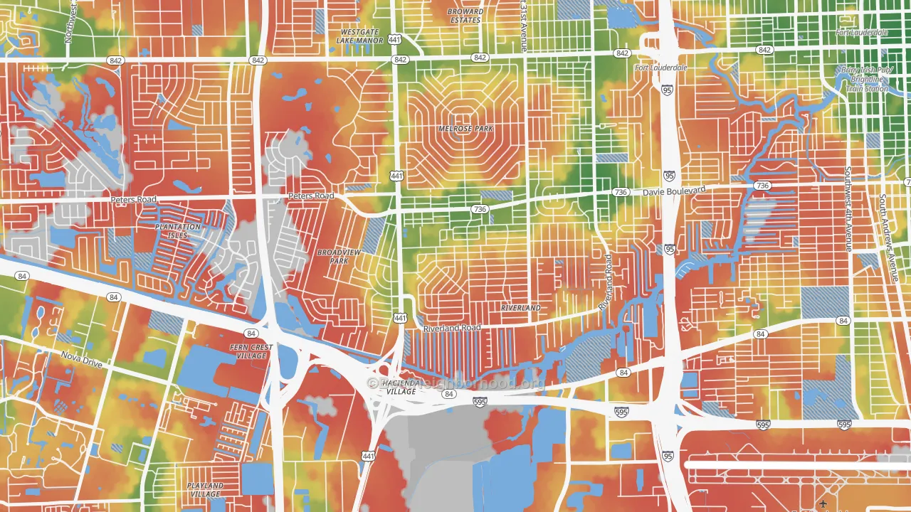 Walk Grade map of Sunset, Fort Lauderdale, FL, walkable areas in green and car-dependent areas in red