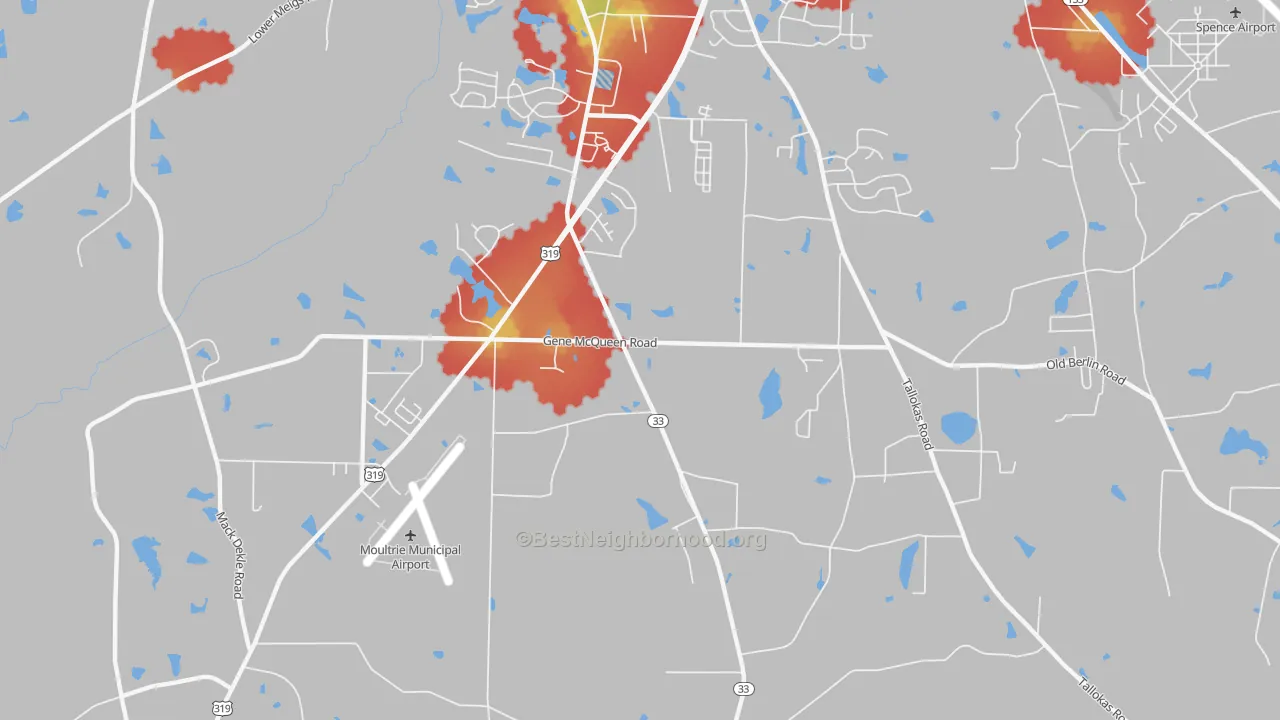 Walk Grade map of Sunset, GA, walkable areas in green and car-dependent areas in red