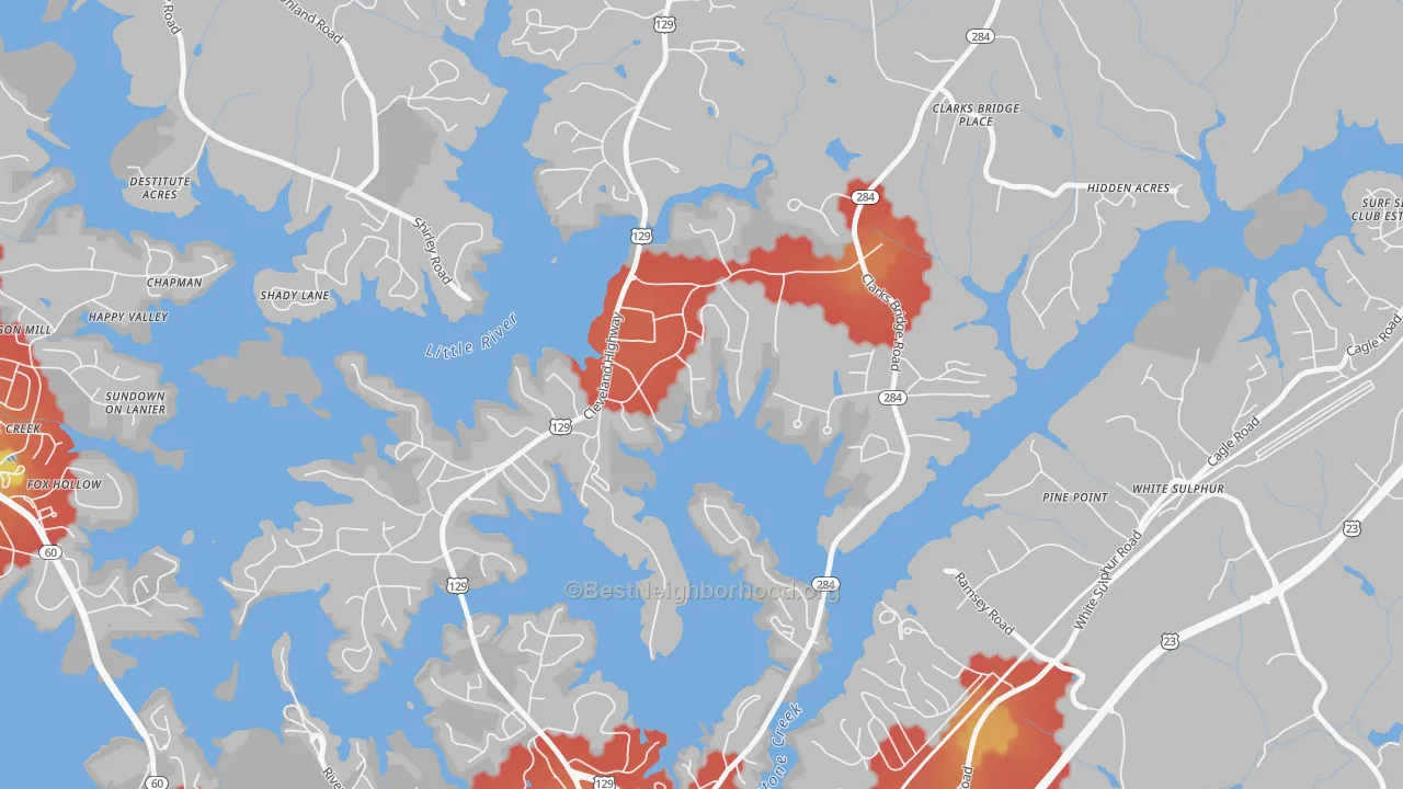 Walk Grade map of Sunset Heights, GA, walkable areas in green and car-dependent areas in red