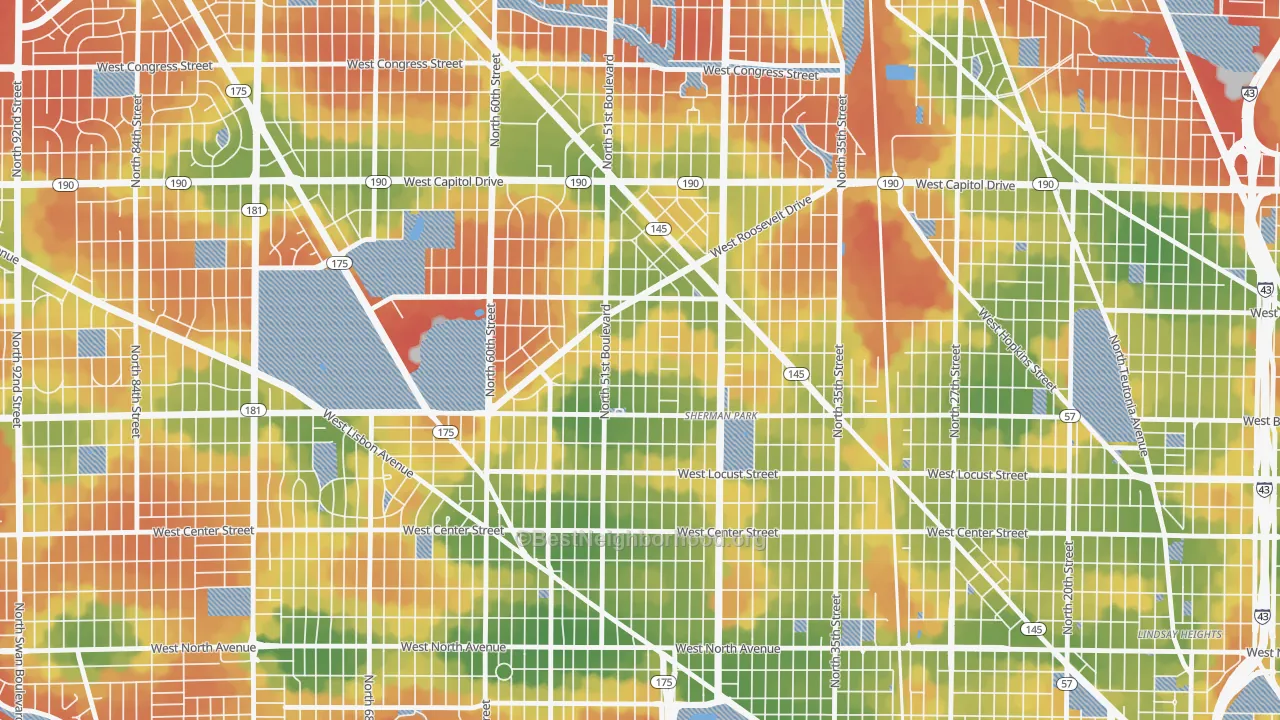 Walk Grade map of Sunset Heights, Milwaukee, WI, walkable areas in green and car-dependent areas in red