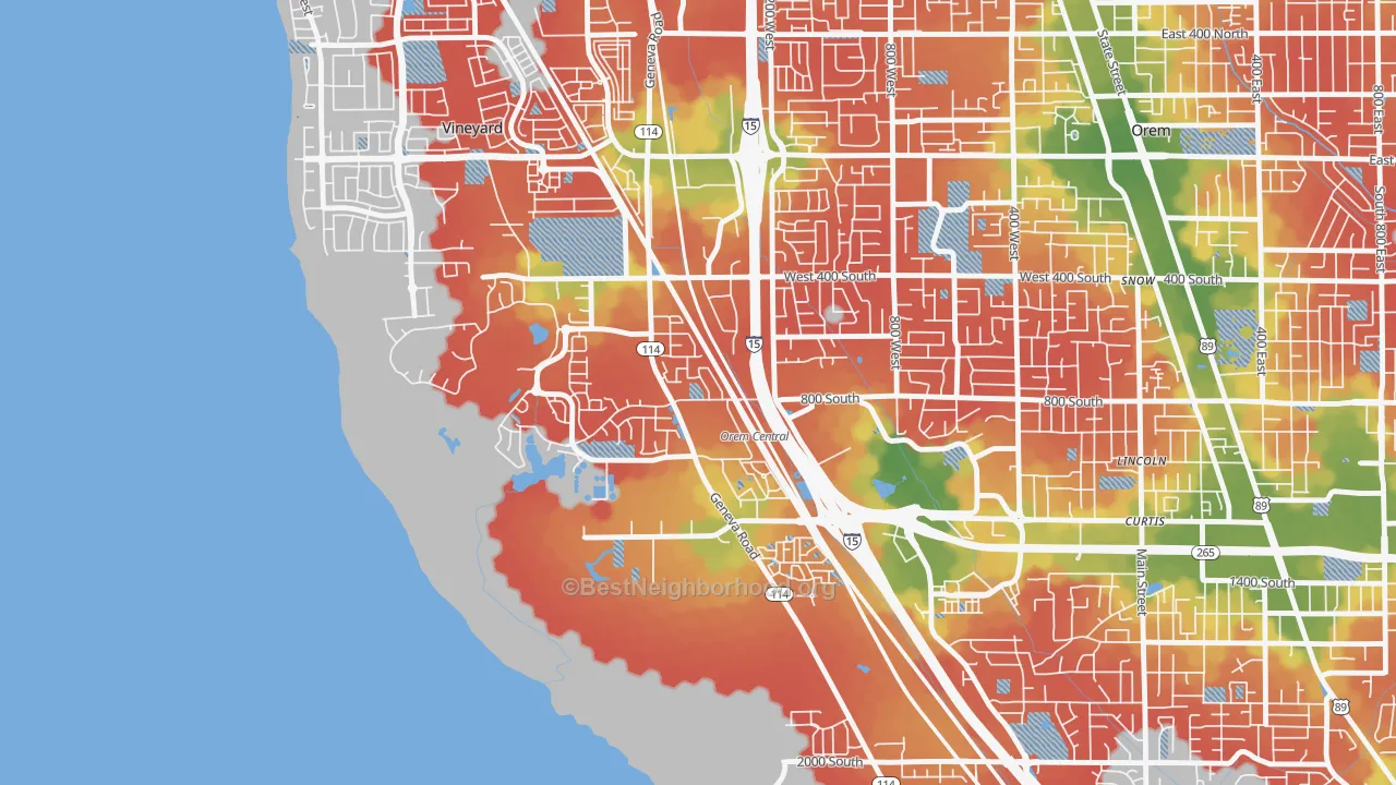 Walk Grade map of Sunset Heights, Orem, UT, walkable areas in green and car-dependent areas in red