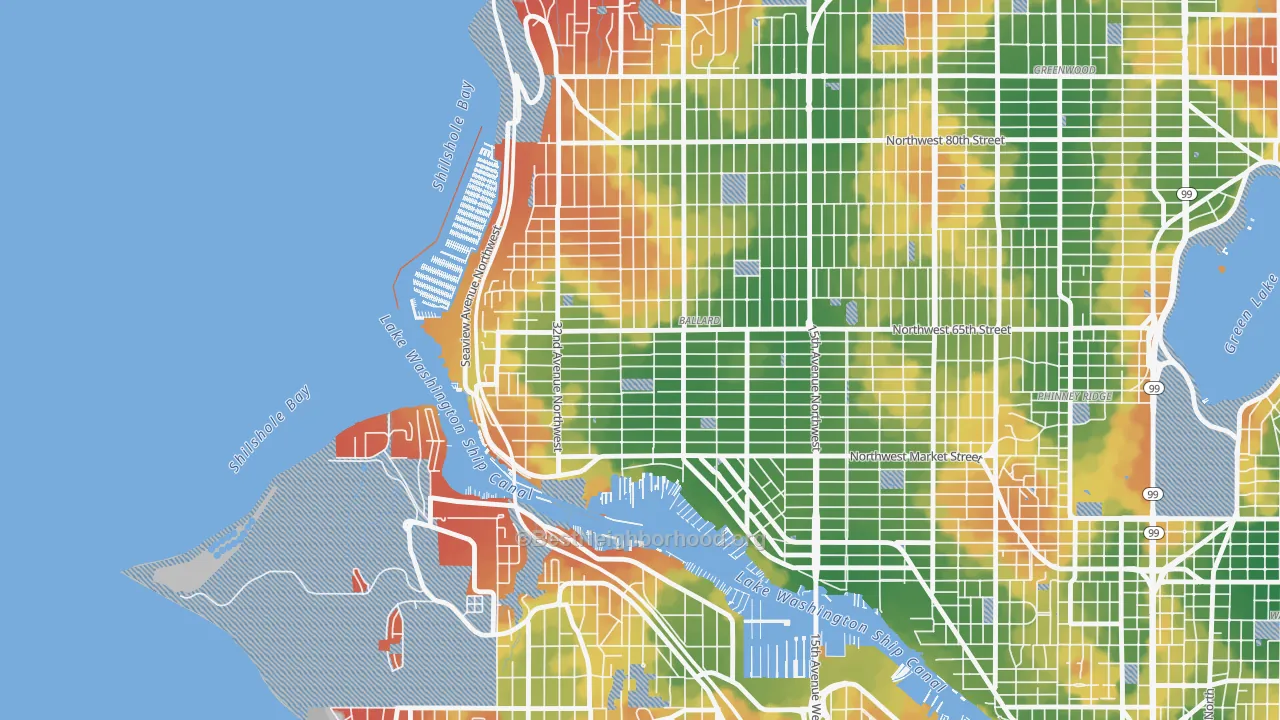 Walk Grade map of Sunset Hill, Seattle, WA, walkable areas in green and car-dependent areas in red