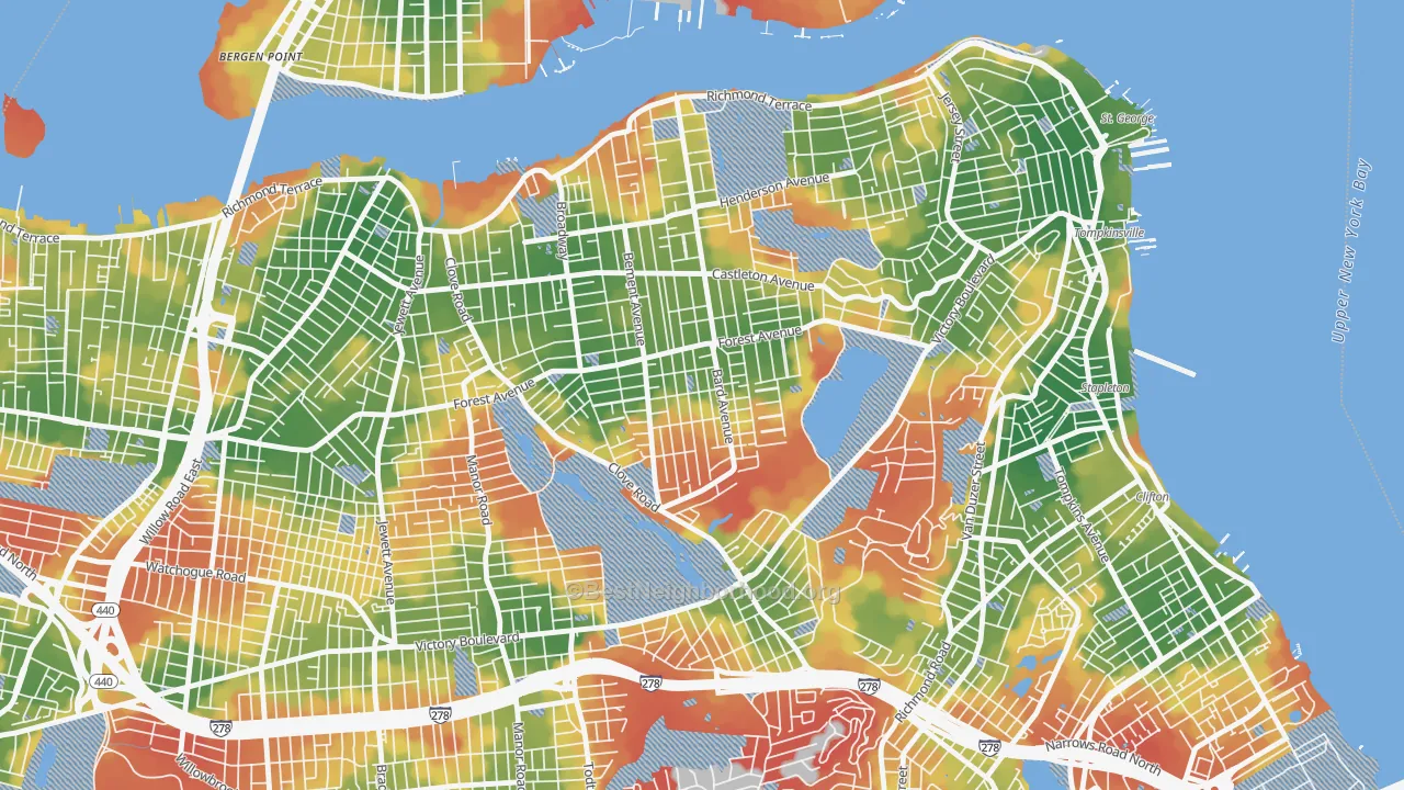Walk Grade map of Sunset Hill, Staten Island, NY, walkable areas in green and car-dependent areas in red