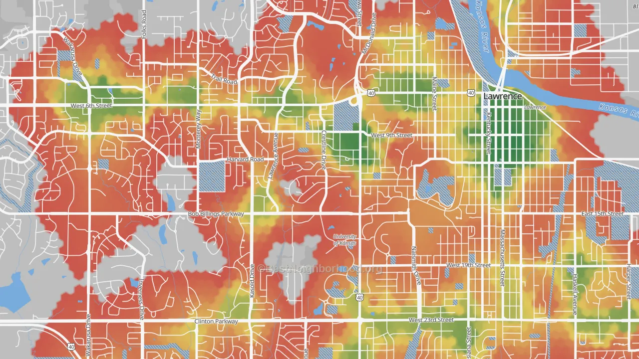 Walk Grade map of Sunset Hills, Lawrence, KS, walkable areas in green and car-dependent areas in red