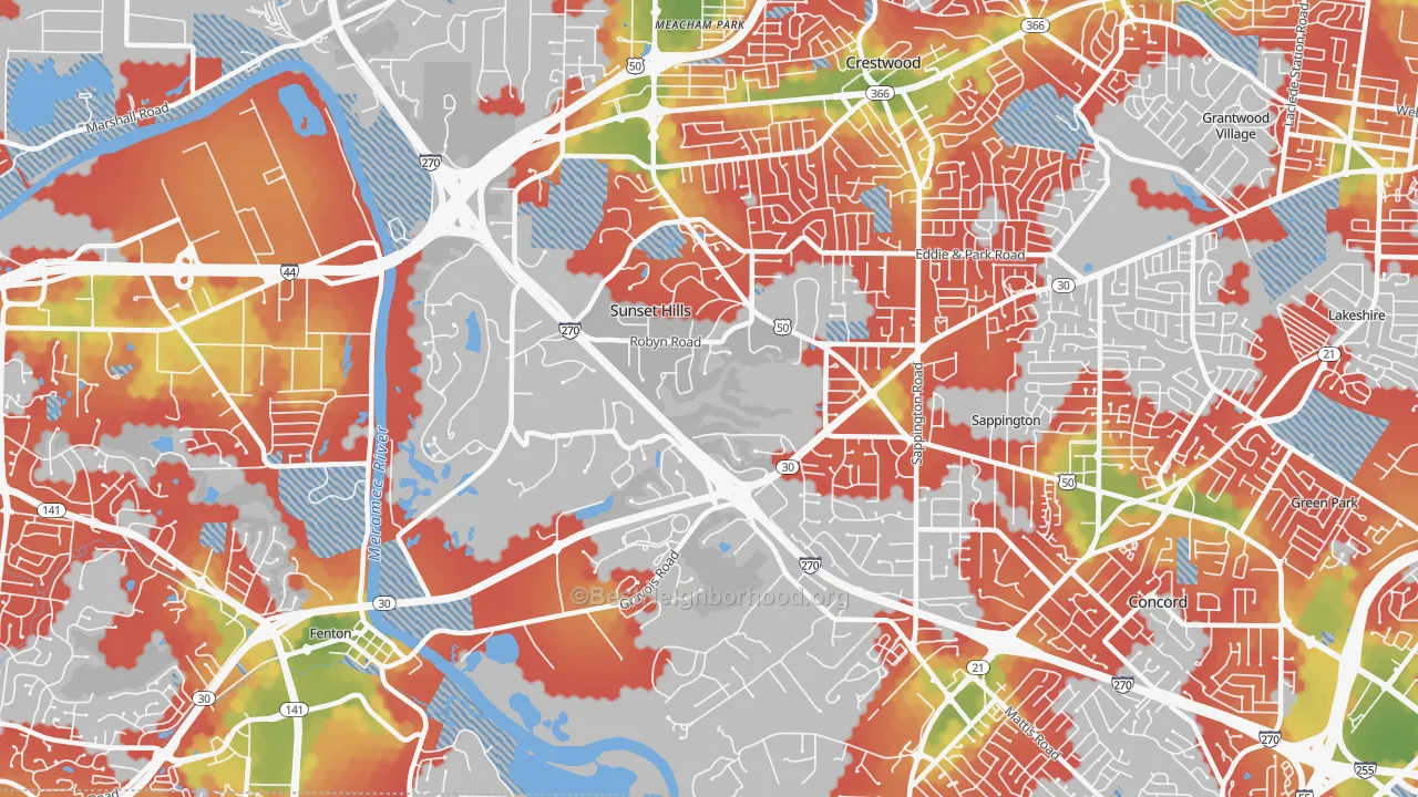 Walk Grade map of Sunset Hills, MO, walkable areas in green and car-dependent areas in red