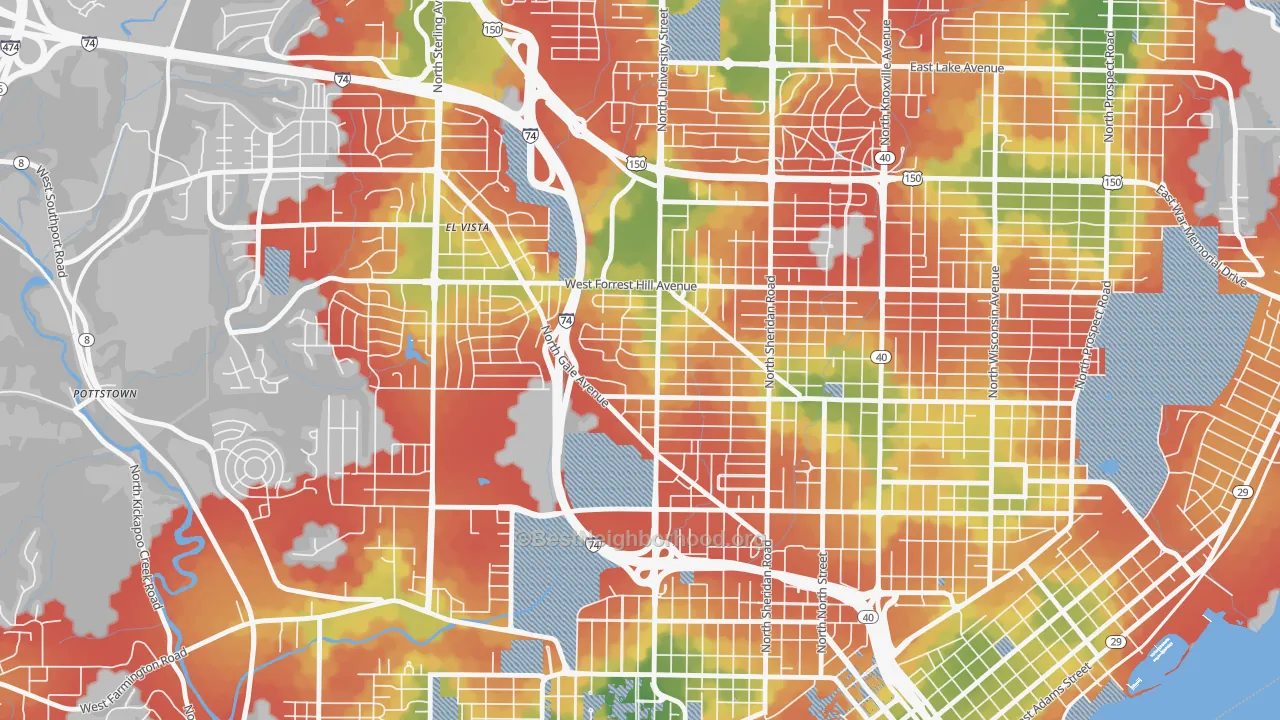 Walk Grade map of Sunset Hills, Peoria, IL, walkable areas in green and car-dependent areas in red
