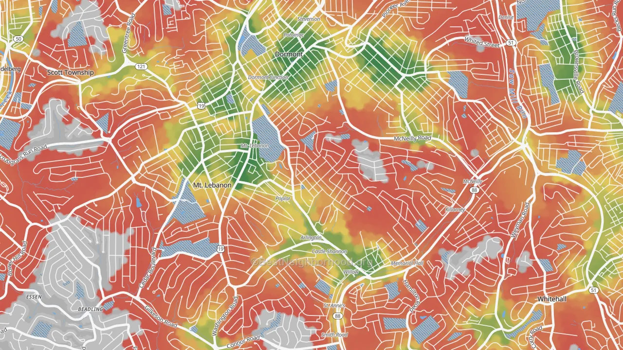 Walk Grade map of Sunset Hills, Pittsburgh, PA, walkable areas in green and car-dependent areas in red
