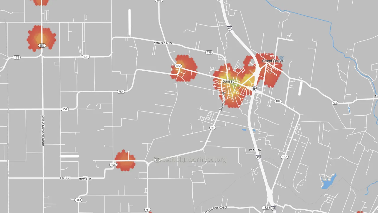 Walk Grade map of Sunset, LA, walkable areas in green and car-dependent areas in red