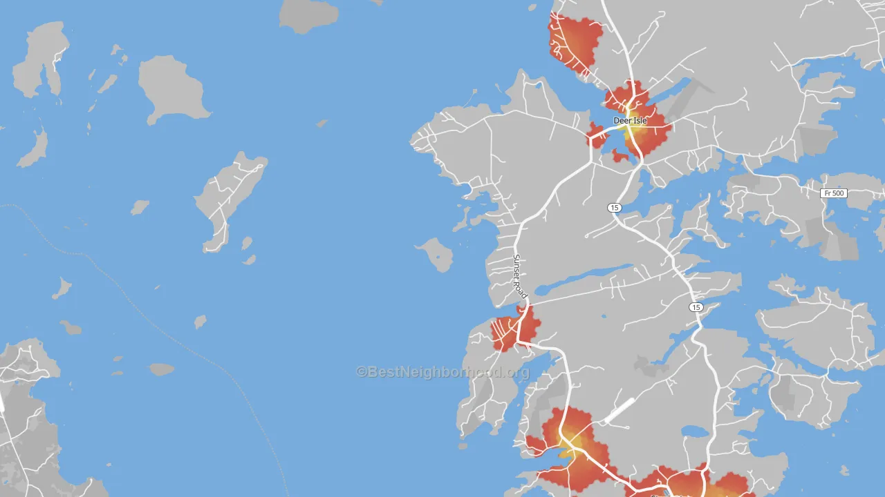 Walk Grade map of Sunset, ME, walkable areas in green and car-dependent areas in red