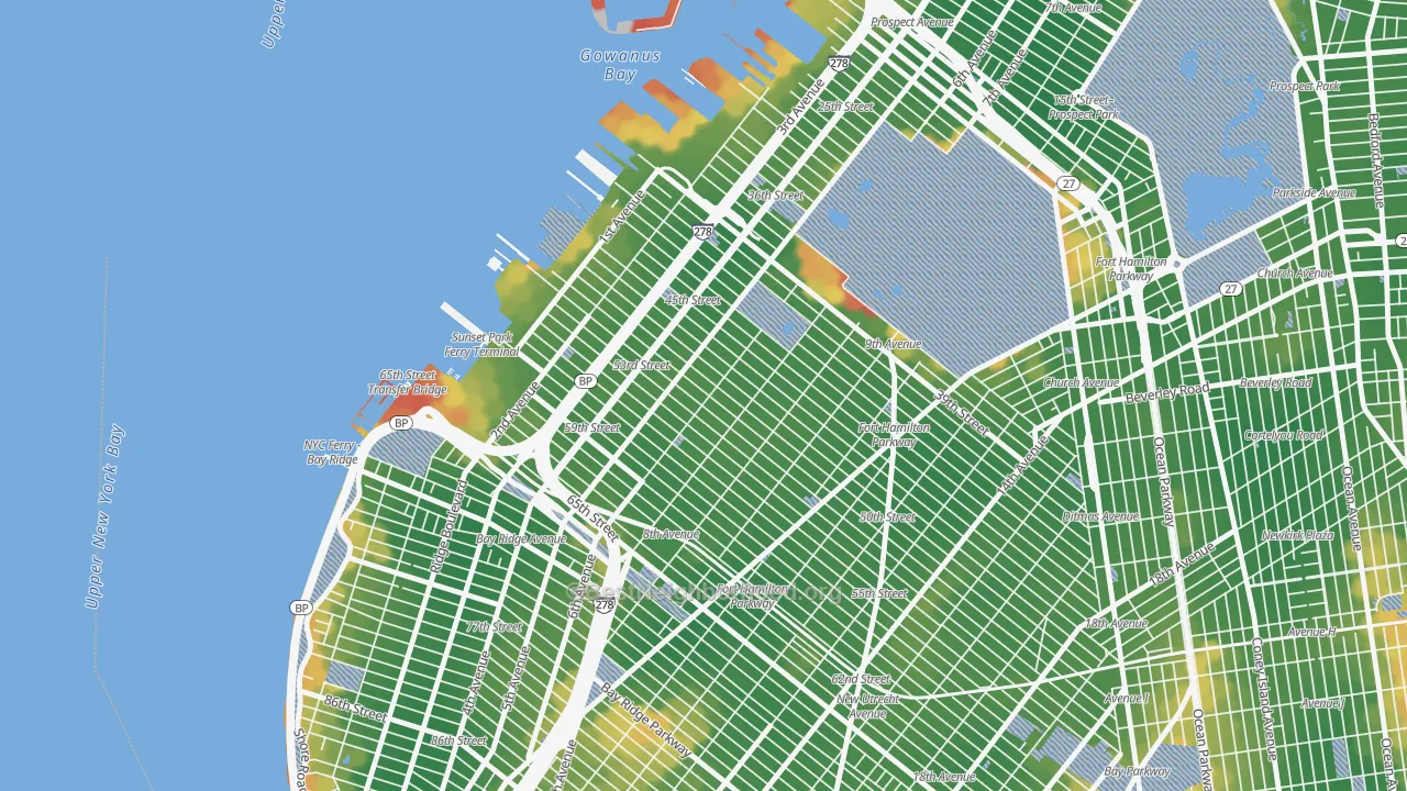 Walk Grade map of Sunset Park, Brooklyn, NY, walkable areas in green and car-dependent areas in red