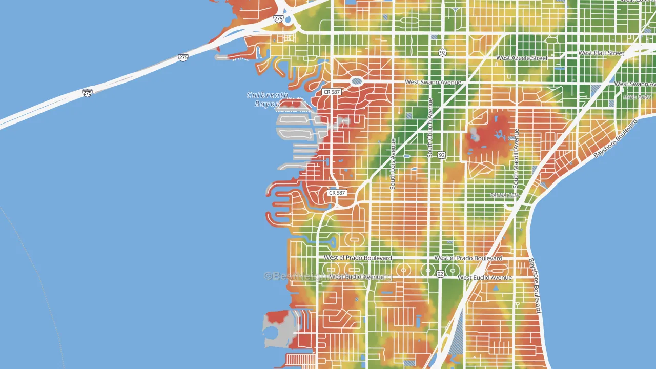 Walk Grade map of Sunset Park, Tampa, FL, walkable areas in green and car-dependent areas in red