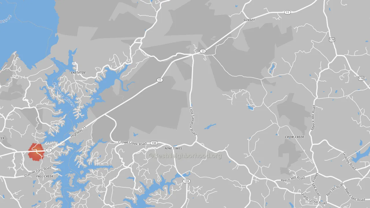 Walk Grade map of Sunset, SC, walkable areas in green and car-dependent areas in red