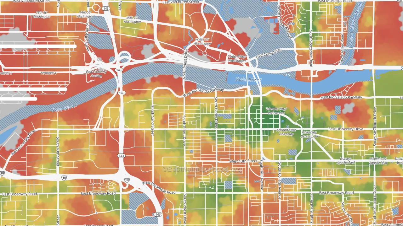 Walk Grade map of Sunset, Tempe, AZ, walkable areas in green and car-dependent areas in red