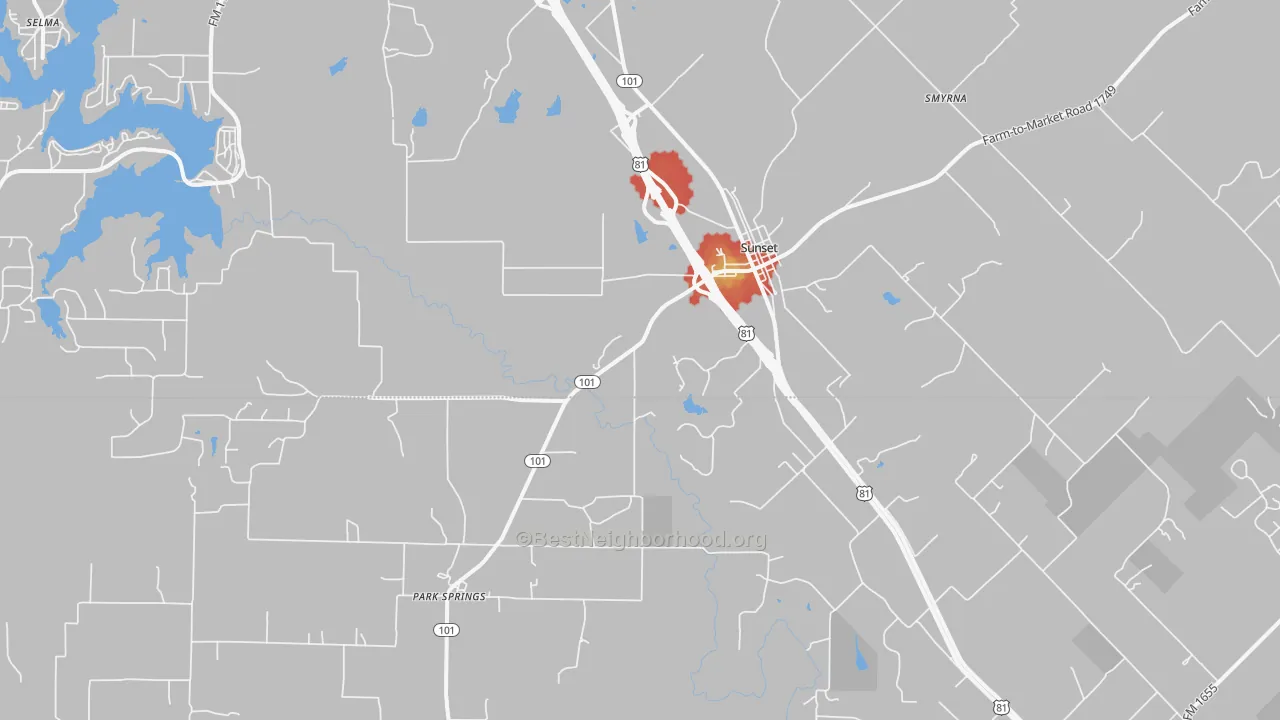 Walk Grade map of Sunset, TX, walkable areas in green and car-dependent areas in red
