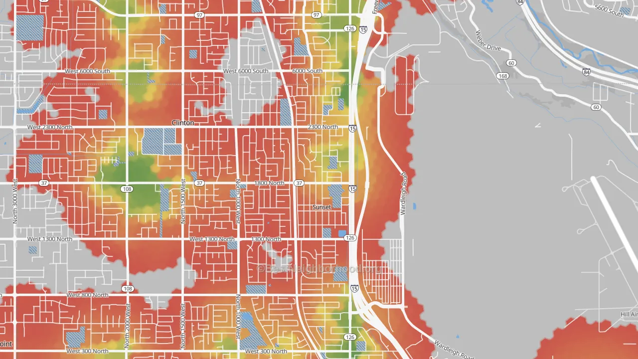 Walk Grade map of Sunset, UT, walkable areas in green and car-dependent areas in red