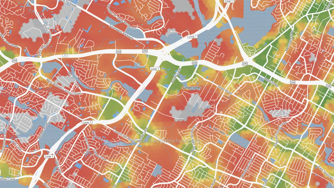 Walk Grade map of Sunset Valley, TX, walkable areas in green and car-dependent areas in red