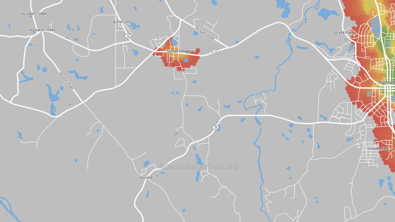 Walk Grade map of Sunset Village, GA, walkable areas in green and car-dependent areas in red