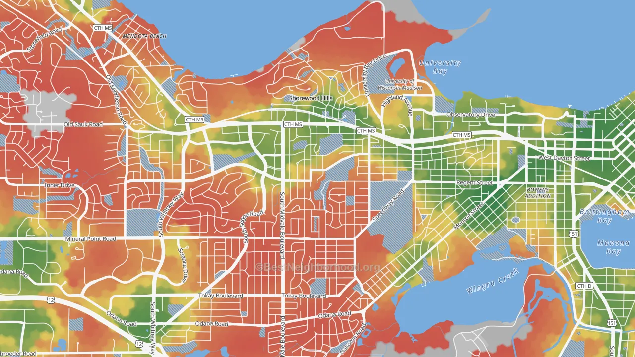 Walk Grade map of Sunset Village, Madison, WI, walkable areas in green and car-dependent areas in red