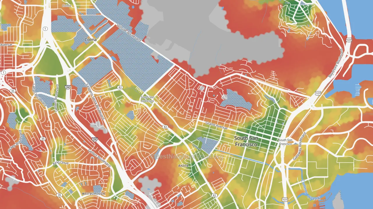 Walk Grade map of Sunshine Gardens, South San Francisco, CA, walkable areas in green and car-dependent areas in red