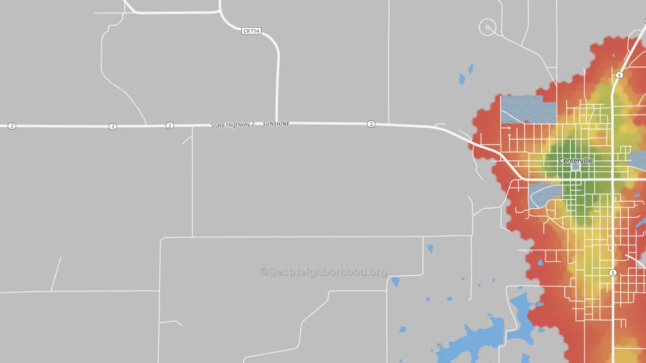 Walk Grade map of Sunshine, IA, walkable areas in green and car-dependent areas in red