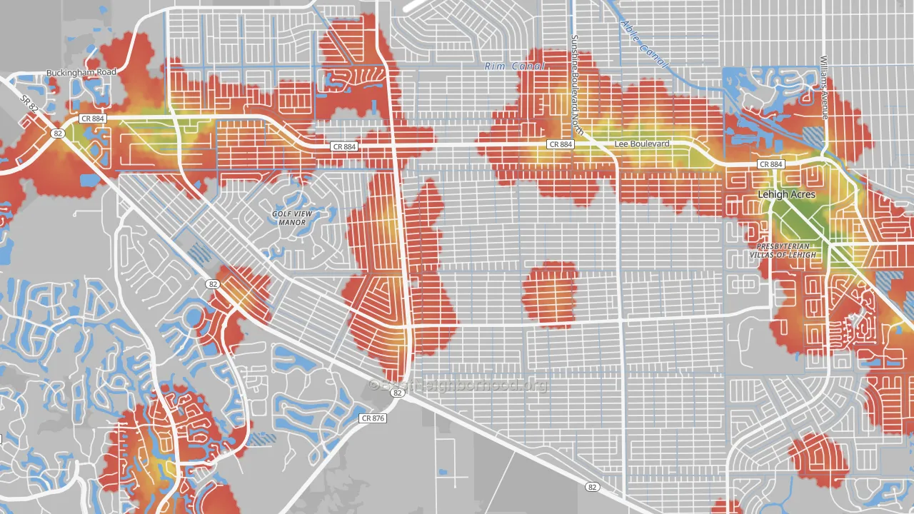 Walk Grade map of Sunshine, Lehigh Acres, FL, walkable areas in green and car-dependent areas in red