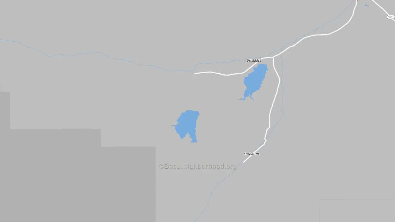 Walk Grade map of Sunshine, WY, walkable areas in green and car-dependent areas in red