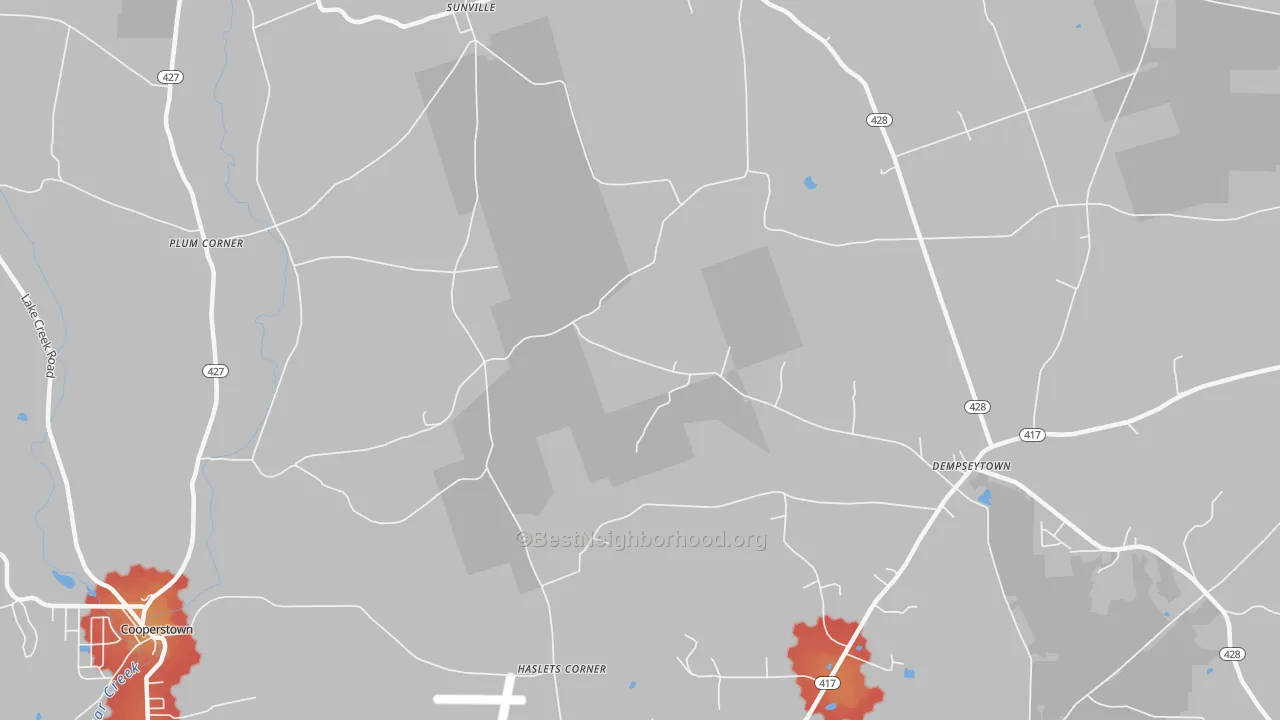 Walk Grade map of Sunville, PA, walkable areas in green and car-dependent areas in red