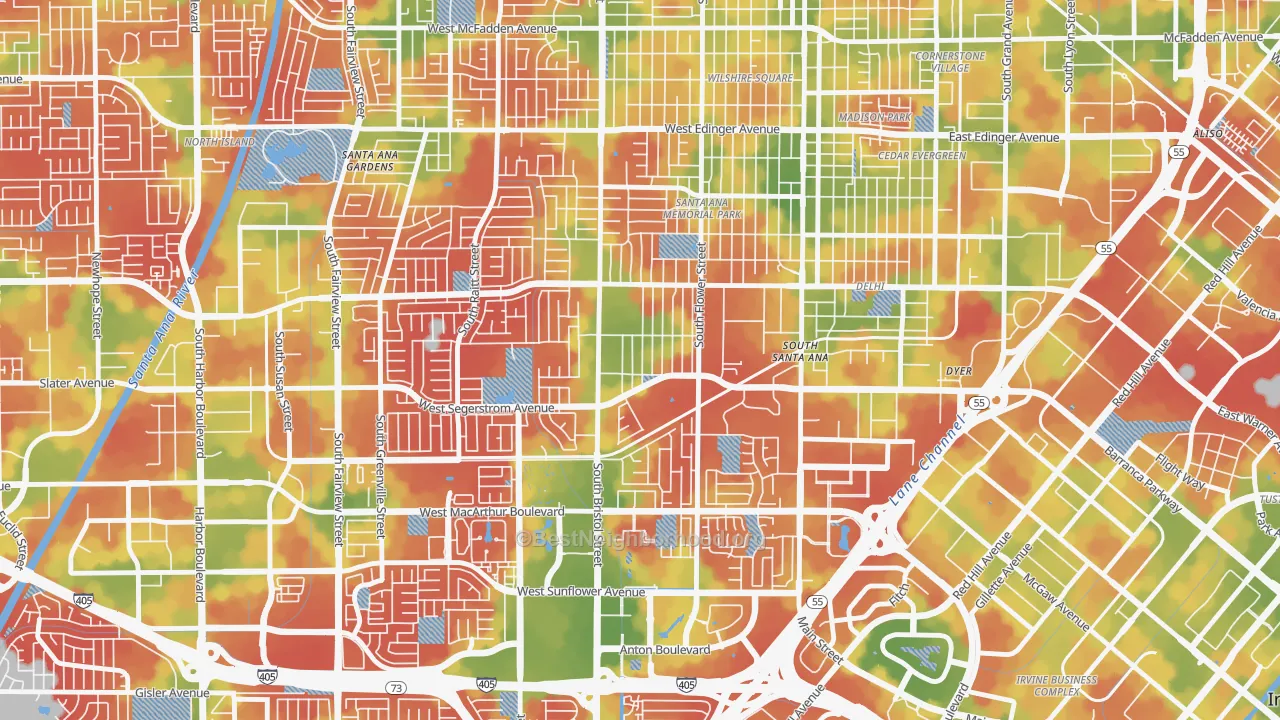 Walk Grade map of Sunwood Central, Santa Ana, CA, walkable areas in green and car-dependent areas in red