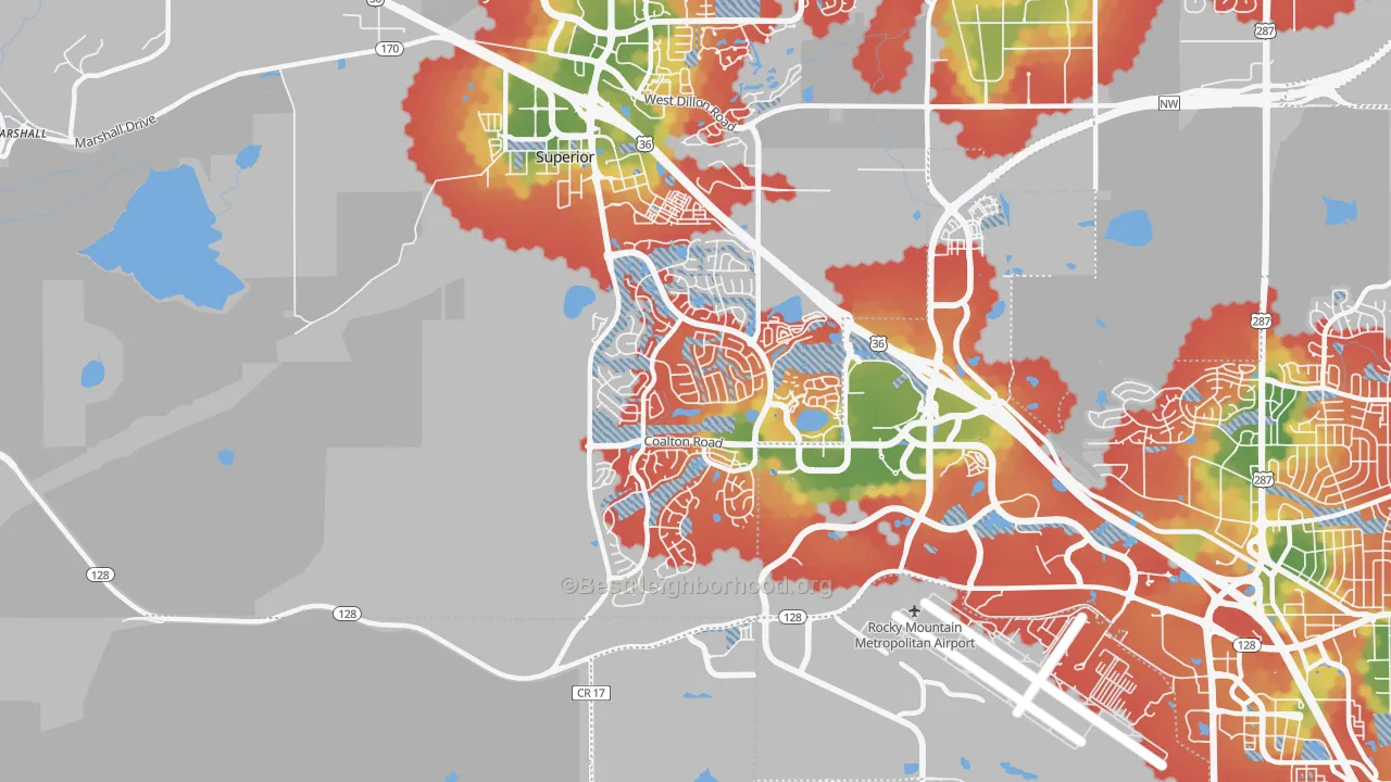 Walk Grade map of Superior, CO, walkable areas in green and car-dependent areas in red