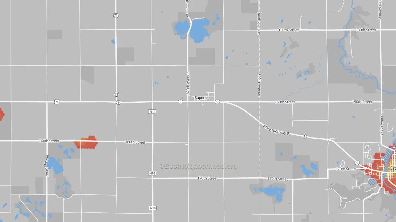 Walk Grade map of Superior, IA, walkable areas in green and car-dependent areas in red