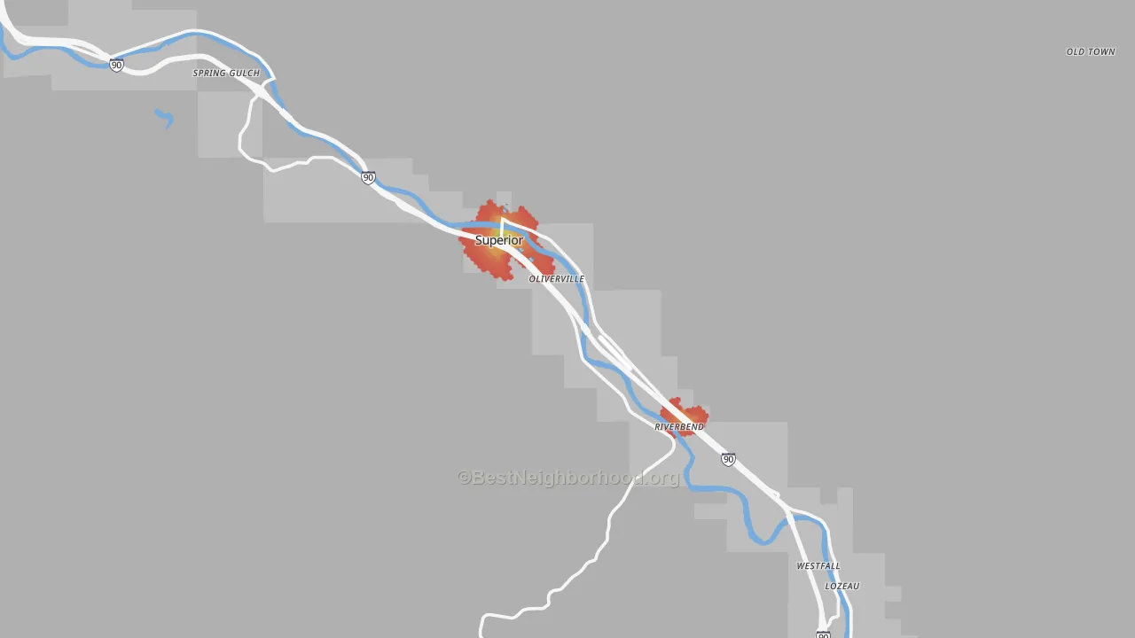 Walk Grade map of Superior, MT, walkable areas in green and car-dependent areas in red