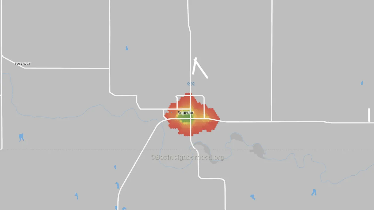 Walk Grade map of Superior, NE, walkable areas in green and car-dependent areas in red